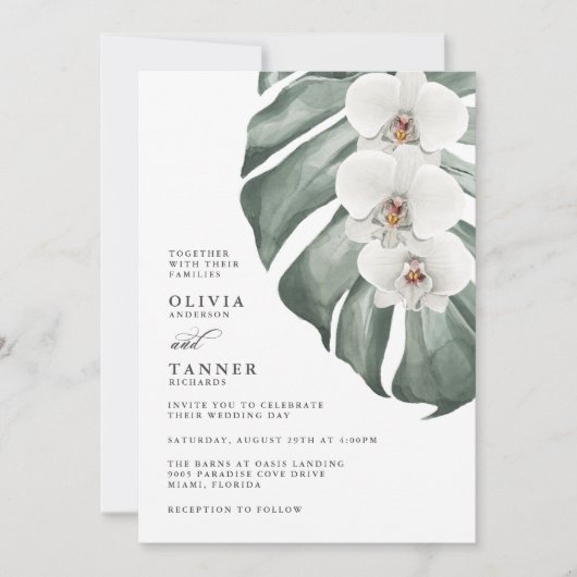 Witte orchideeën op Tropische bruiloft in Monstera Kaart (Voorkant)