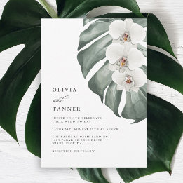 Witte orchideeën op Tropische bruiloft in Monstera Kaart