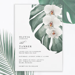 Witte orchideeën op Tropische bruiloft in Monstera Kaart