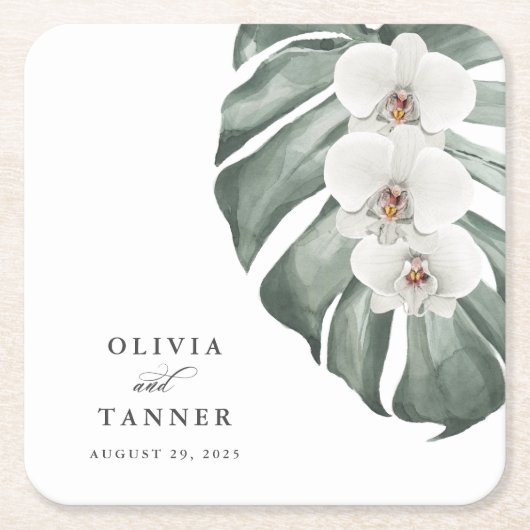Witte orchideeën op Tropische bruiloft in Monstera Kartonnen Onderzetters (Voorkant)