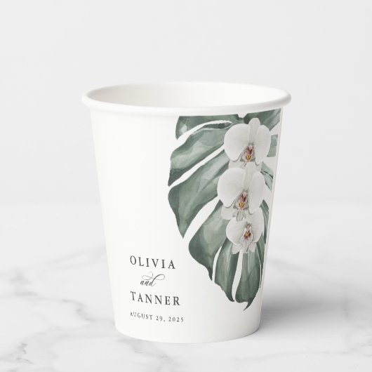 Witte orchideeën op Tropische bruiloft in Monstera Papieren Bekers (Achterkant)