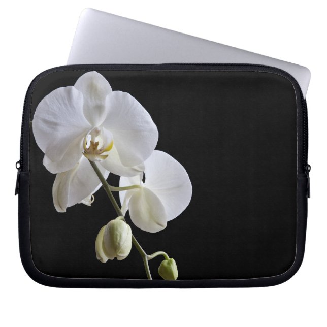 Witte orchideeën op zwart laptop sleeve (Voorkant)
