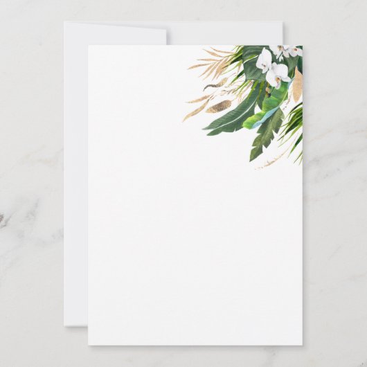 Witte orchideeën palm bladeren gouden ballon verja kaart (Achterkant)