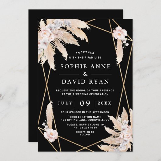 Witte Orchideeën Roze Roos Pampagras Zwarte Bruilo Kaart (Voorkant / Achterkant)