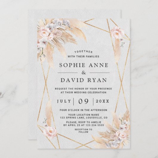 Witte Orchideeën Roze Roos Pampas Gras Gouden Brui Kaart (Voorkant / Achterkant)