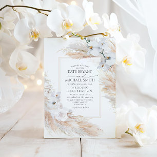 Witte orchideeën Rozen en Pampas Grass Wedding Kaart