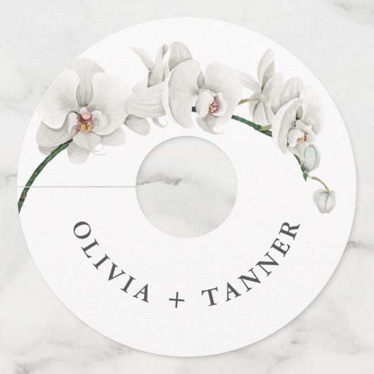 Witte Orchideeën Tropische Bloemen Bruiloft Wijnglaslabel (Voorkant)
