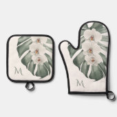 Witte Orchideeën Tropische Bloemen met Monogram Ovenwant & Pannenlap Set (Voorkant)
