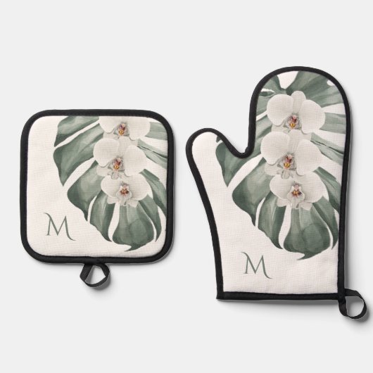 Witte Orchideeën Tropische Bloemen met Monogram Ovenwant & Pannenlap Set (Voorkant)