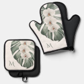 Witte Orchideeën Tropische Bloemen met Monogram Ovenwant & Pannenlap Set (Voorkant / Achterkant)