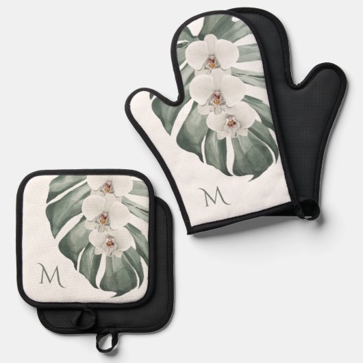 Witte Orchideeën Tropische Bloemen met Monogram Ovenwant & Pannenlap Set (Voorkant / Achterkant)