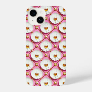 Witte orchideeënbloemen op roze achtergrond met go iPhone 14 hoesje