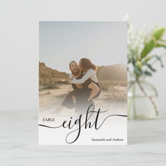 Witte overlay script namen foto's trouwtafel kaart (Staand voorkant)