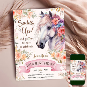 Witte Paard 10e Verjaardag Bloemen Meisje Saddle U Kaart