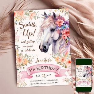 Witte Paard 4e verjaardag Floral Meisje Zadel Omho Kaart