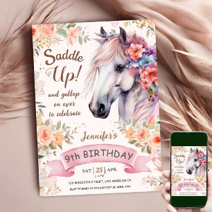 Witte Paard 9e verjaardag Floral Meisje Zadel Omho Kaart