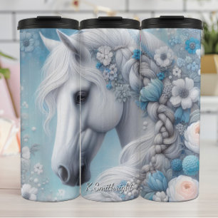 Witte Paard Blauwe Bloemrijke Elegantie Thermosbeker