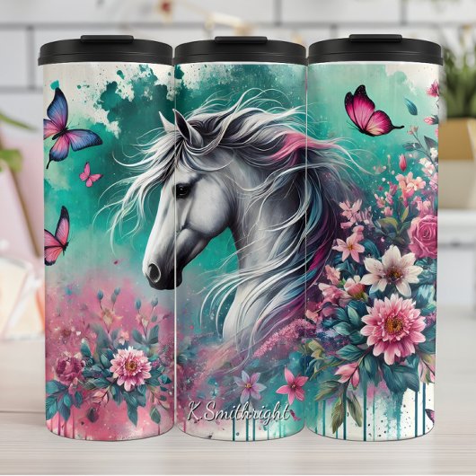 Witte Paard Bloem Vlinder Fantasie Thermosbeker