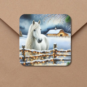 Witte Paard Boerderij Kerst Vierkante Sticker