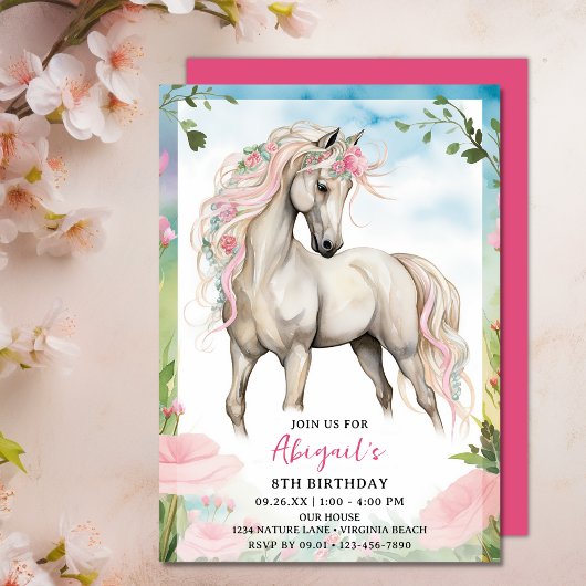 Witte Paard en Roze Bloemen Verjaardag Kaart