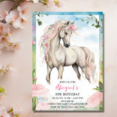 Witte Paard en Roze Bloemen Verjaardag Kaart