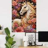 Witte Paard en Rozen 3D Borduurwerk Art Poster (Thuiskantoor)