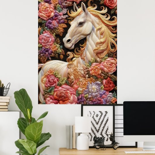 Witte Paard en Rozen 3D Borduurwerk Art Poster (Thuiskantoor)