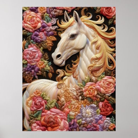 Witte Paard en Rozen 3D Borduurwerk Art Poster (Voorkant)