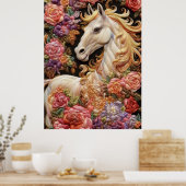 Witte Paard en Rozen 3D Borduurwerk Art Poster (Keuken)