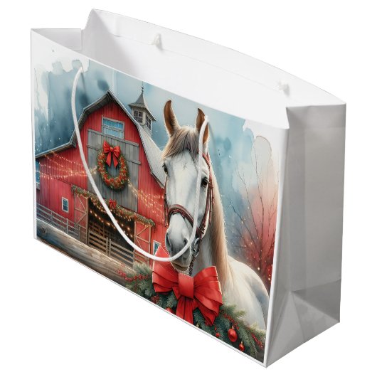Witte Paard Feestelijke Boerderij Kerst Gepersonal Groot Cadeauzakje (Achterkant Gekanteld)