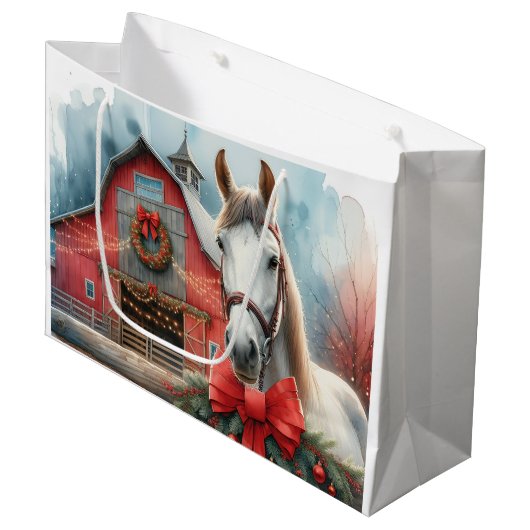 Witte Paard Feestelijke Boerderij Kerst Gepersonal Groot Cadeauzakje (Voorkant Gekanteld)