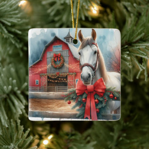Witte Paard Feestelijke Boerderij Kerst Gepersonal Keramisch Ornament