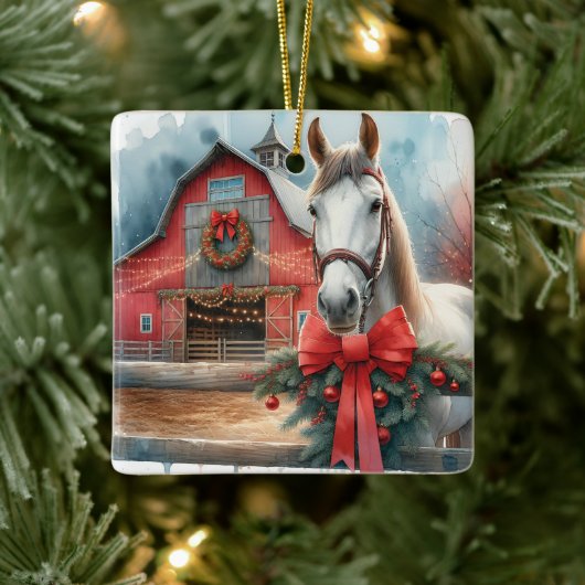 Witte Paard Feestelijke Boerderij Kerst Gepersonal Keramisch Ornament (Boom)