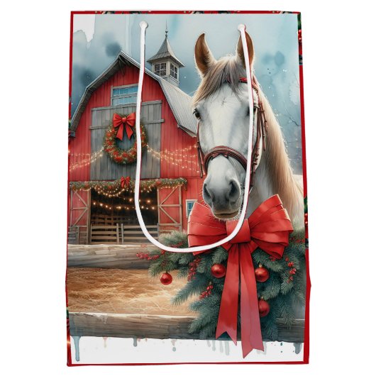 Witte Paard Feestelijke Boerderij Kerst Gepersonal Medium Cadeauzakje (Achterkant)