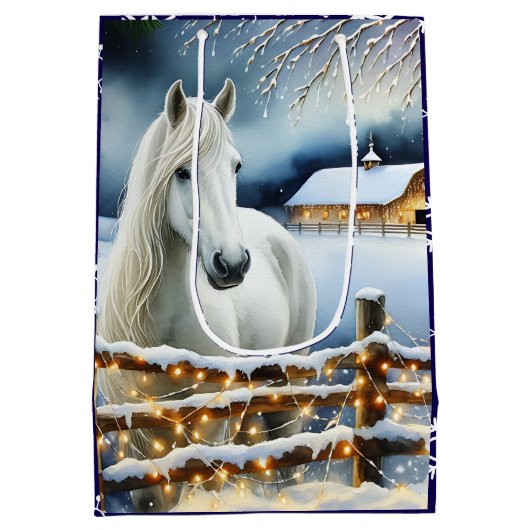  Witte Paard Feestelijke Boerderij Kerst Medium Cadeauzakje (Achterkant)