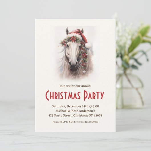Witte Paard in een Santa Hat Magic Christmas Party Kaart (Staand voorkant)