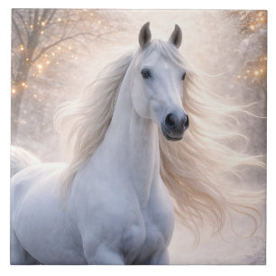 Witte Paard Kerstlichtjes Sneeuw Mooie Tegeltje