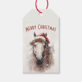 Witte Paard Kerstman Hoed Rood Poinsettias Kerstmi Cadeaulabel (Voorkant)