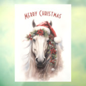 Witte Paard Kerstman Hoed Rood Poinsettias Kerstmi Raamsticker (Vel 3)