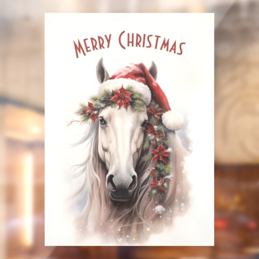 Witte Paard Kerstman Hoed Rood Poinsettias Kerstmi Raamsticker (Vel 2)