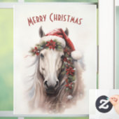 Witte Paard Kerstman Hoed Rood Poinsettias Kerstmi Raamsticker (Huis)