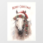 Witte Paard Kerstman Hoed Rood Poinsettias Kerstmi Raamsticker (Vel)