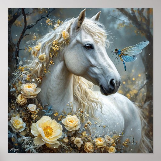 Witte Paard Libel En Witte Rozen Droom Poster (Voorkant)