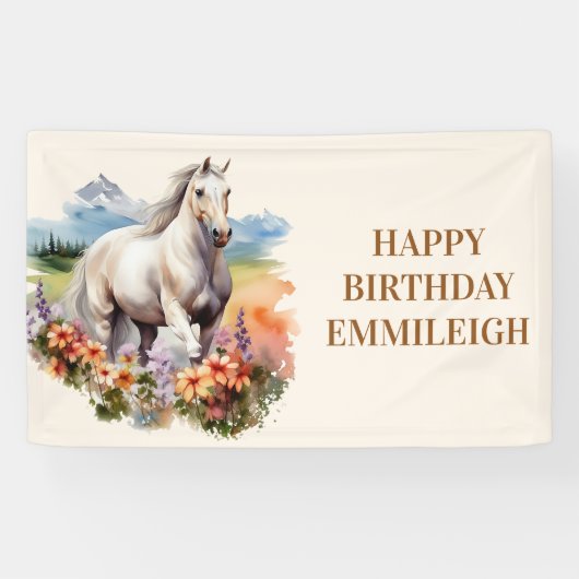 Witte Paard Naam Ruiter Verjaardag Spandoek (Horizontaal)