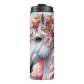 Witte Paard Roze Bloemen Fantasy Thermosbeker (Voorkant)