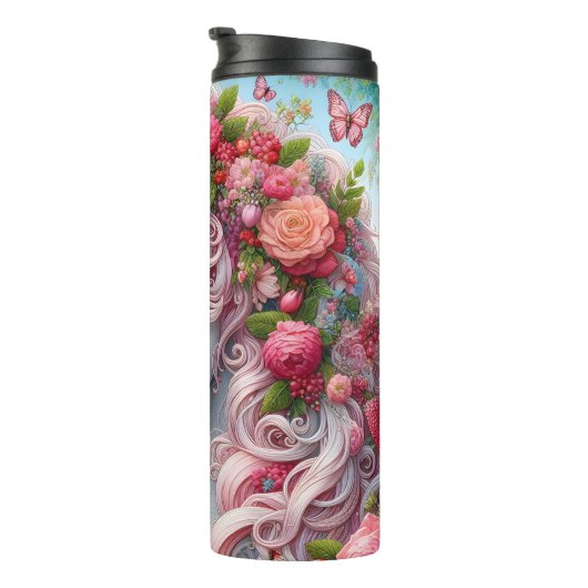 Witte Paard Roze Bloemen Fantasy Thermosbeker (Geroteerd rechts)