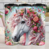 Witte Paard Roze Bloemen Fantasy Thermosbeker