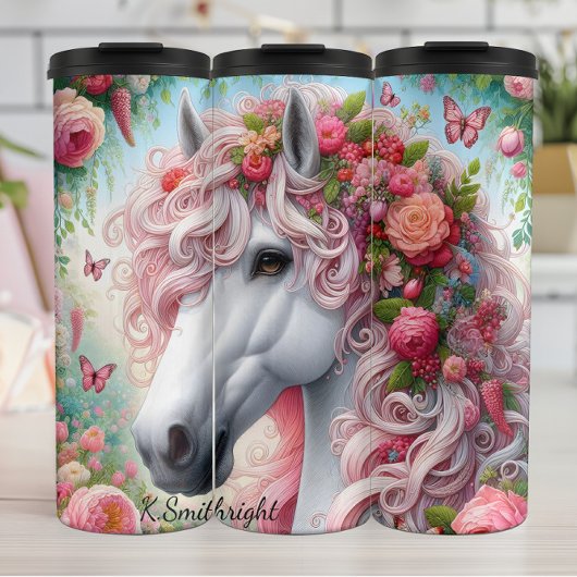 Witte Paard Roze Bloemen Fantasy Thermosbeker