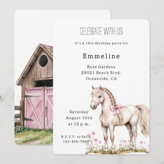 Witte Paard Roze Boog Bloemen Verjaardag Kaart (Voorkant / Achterkant)