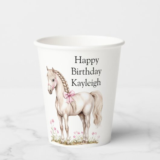 Witte Paard Roze Boog Bloemen Verjaardag Papieren Bekers (Voorkant)
